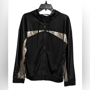 DKNY SPORT METALLIC FRONT ZIP WINDBREAKER JACKET HOODIE BLACK COLOR SILVER SZ S